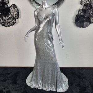 NWT~$398~FAVIANA~SZ 6~SILVER GRAY SEQUIN PROM EVENING GOWN MAXI BACKLESS DRESS